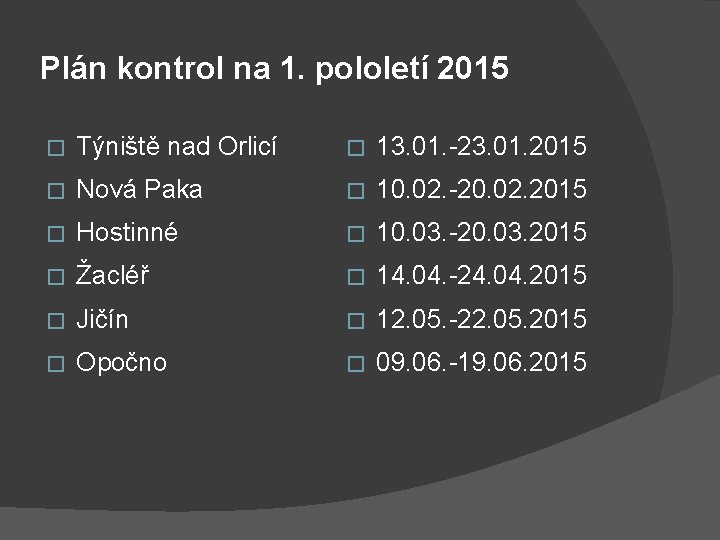 Plán kontrol na 1. pololetí 2015 � Týniště nad Orlicí � 13. 01. -23.