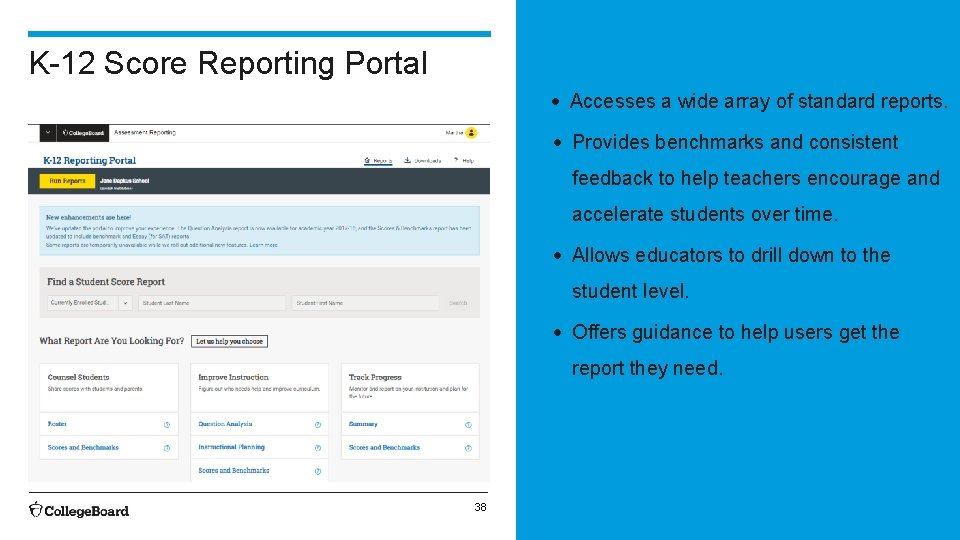 K-12 Score Reporting Portal • Accesses a wide array of standard reports. • Provides