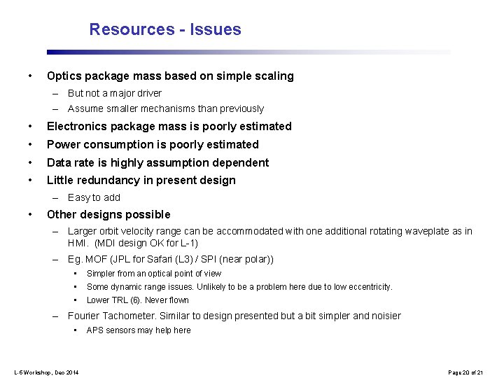 Resources - Issues • Optics package mass based on simple scaling – But not