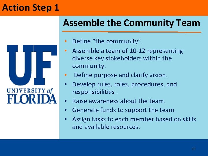 Action Step 1 Assemble the Community Team • Define “the community”. • Assemble a