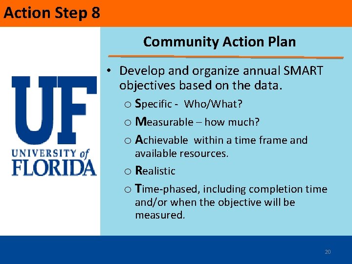 Action Step 8 Community Action Plan • Develop and organize annual SMART objectives based