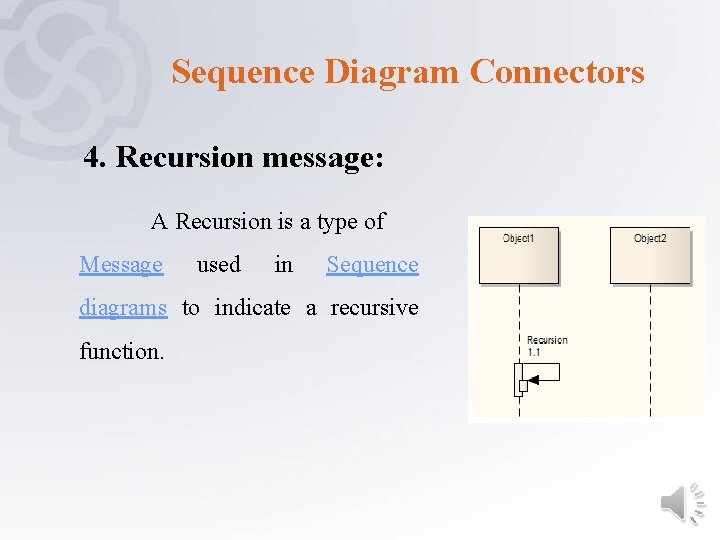 Sequence Diagram Connectors 4. Recursion message: A Recursion is a type of Message used