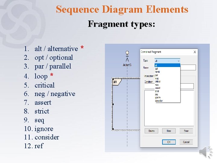 Sequence Diagram Elements Fragment types: 1. alt / alternative * 2. opt / optional