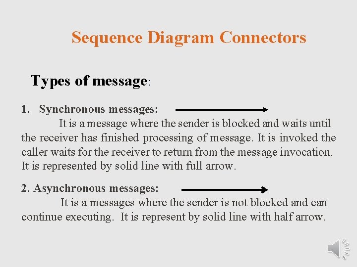 Sequence Diagram Connectors Types of message: 1. Synchronous messages: It is a message where
