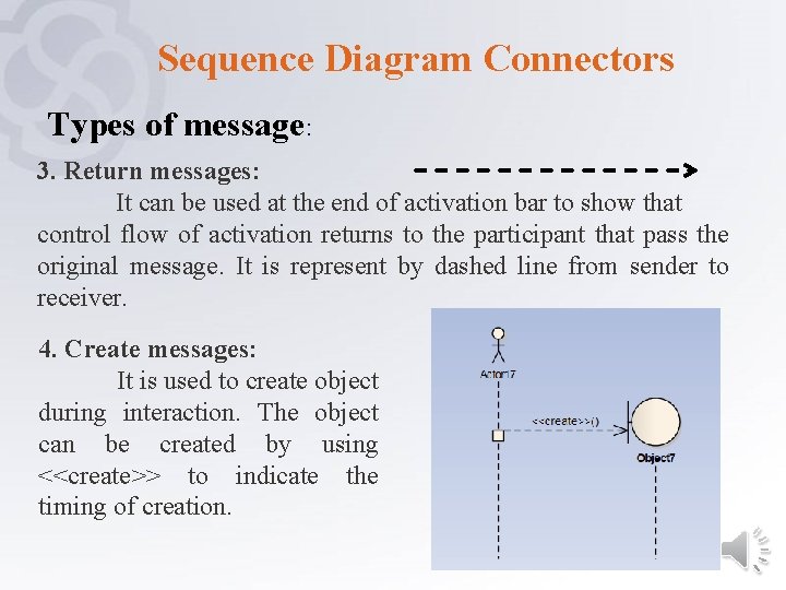 Sequence Diagram Connectors Types of message: 3. Return messages: It can be used at