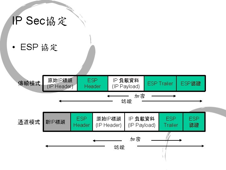 IP Sec協定 • ESP 協定 傳輸模式 原始IP標頭 (IP Header) ESP Header IP 負載資料 (IP