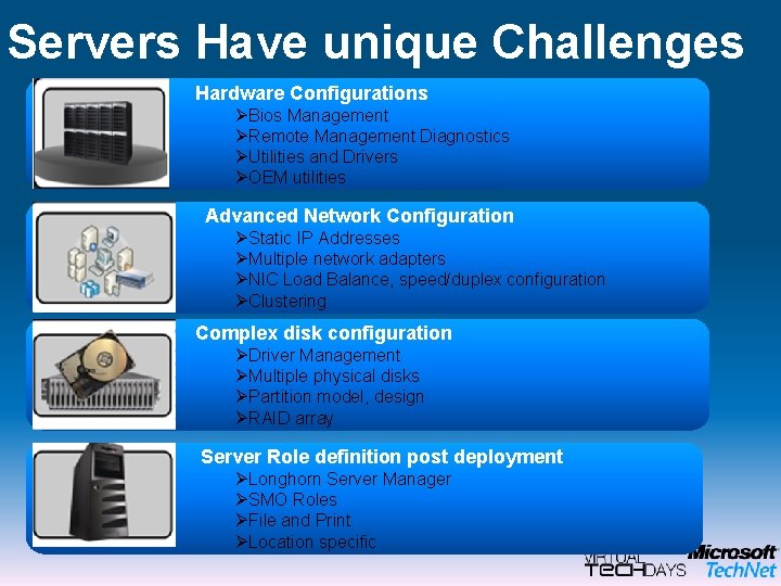 Servers Have unique Challenges Hardware Configurations ØBios Management ØRemote Management Diagnostics ØUtilities and Drivers