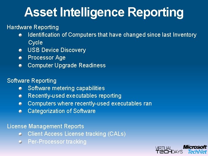 Asset Intelligence Reporting Hardware Reporting Identification of Computers that have changed since last Inventory