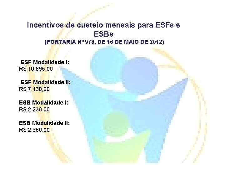 Incentivos de custeio mensais para ESFs e ESBs (PORTARIA Nº 978, DE 16 DE