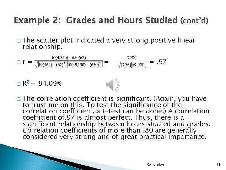 Example 2: Grades and Hours Studied (cont’d) � The scatter plot indicated a very