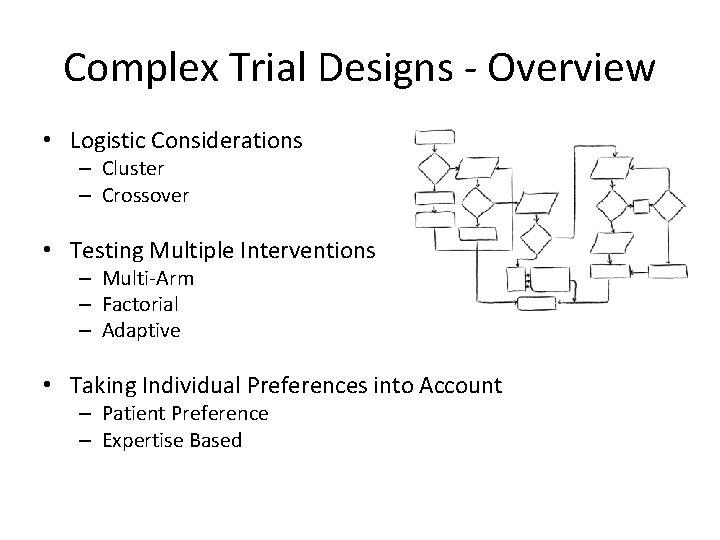 Complex Trial Designs - Overview • Logistic Considerations – Cluster – Crossover • Testing Complex Trial Designs - Overview • Logistic Considerations – Cluster – Crossover • Testing