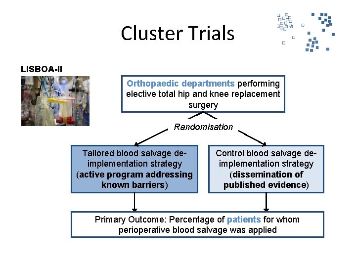 Cluster Trials LISBOA-II Orthopaedic departments performing elective total hip and knee replacement surgery Randomisation Cluster Trials LISBOA-II Orthopaedic departments performing elective total hip and knee replacement surgery Randomisation