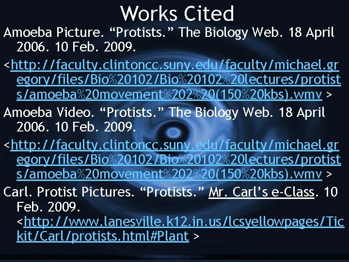 Works Cited Amoeba Picture. “Protists. ” The Biology Web. 18 April 2006. 10 Feb.