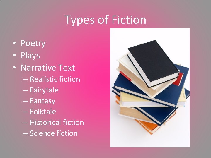 Types of Fiction • Poetry • Plays • Narrative Text – Realistic fiction –