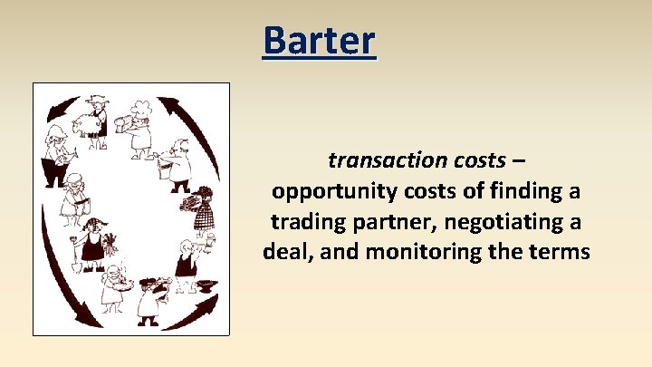 Barter transaction costs – opportunity costs of finding a trading partner, negotiating a deal,