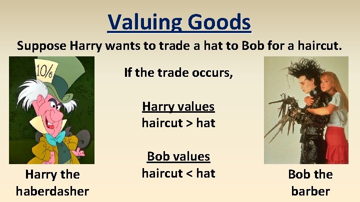 Valuing Goods Suppose Harry wants to trade a hat to Bob for a haircut.