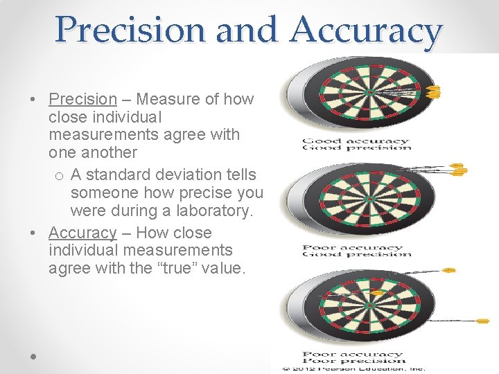 Precision and Accuracy • Precision – Measure of how close individual measurements agree with