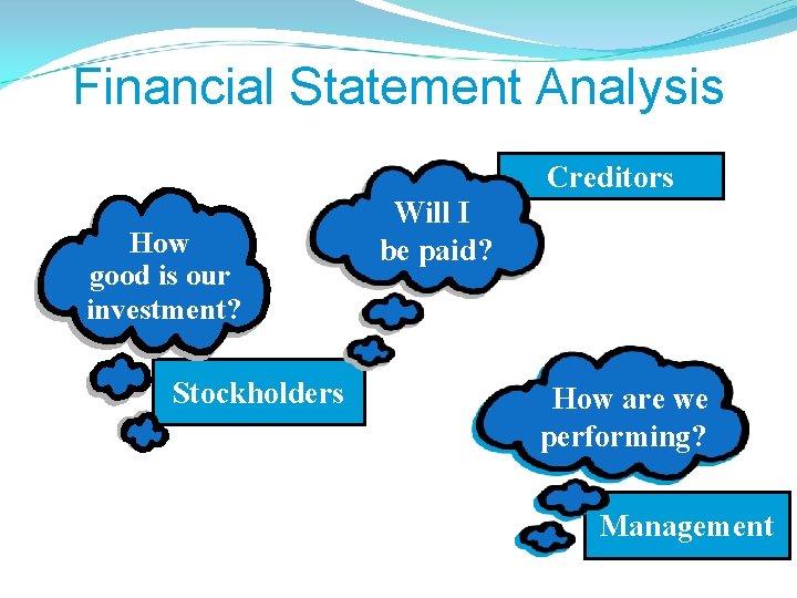 Financial Statement Analysis Creditors How good is our investment? Stockholders Will I be paid?