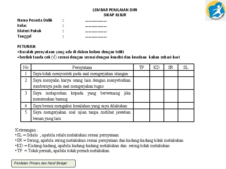 Nama Peserta Didik Kelas Materi Pokok Tanggal : : LEMBAR PENILAIAN DIRI SIKAP JUJUR