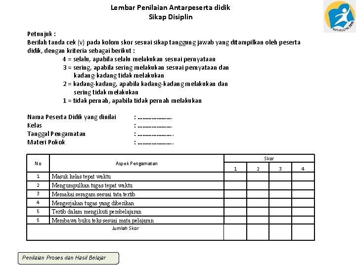 Lembar Penilaian Antarpeserta didik Sikap Disiplin Petunjuk : Berilah tanda cek (v) pada kolom