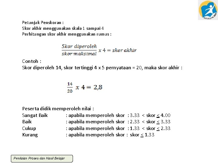 Petunjuk Penskoran : Skor akhir menggunakan skala 1 sampai 4 Perhitungan skor akhir menggunakan