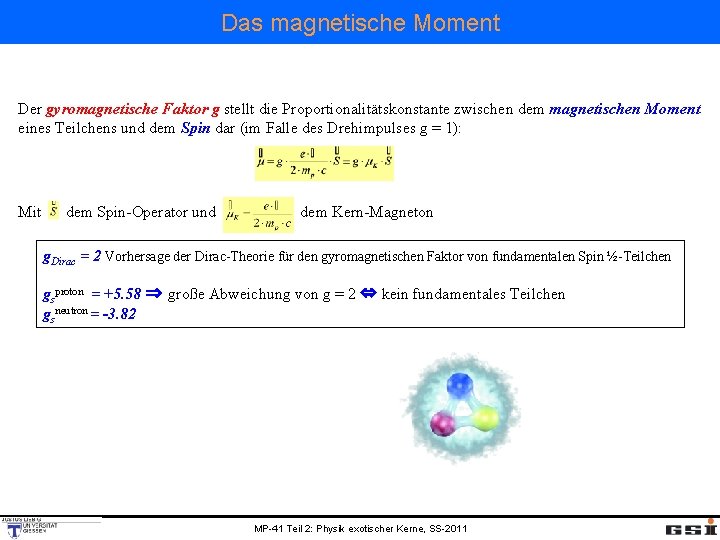 Das magnetische Moment Der gyromagnetische Faktor g stellt die Proportionalitätskonstante zwischen dem magnetischen Moment