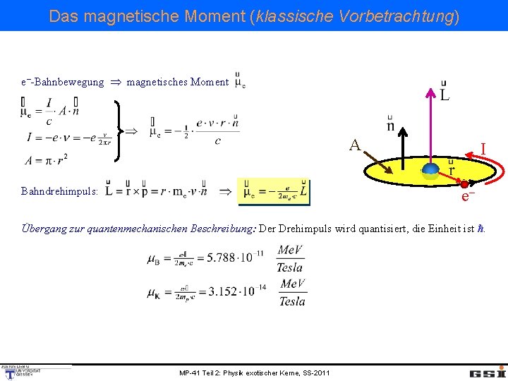 Das magnetische Moment (klassische Vorbetrachtung) e -Bahnbewegung magnetisches Moment A I e Bahndrehimpuls: Übergang