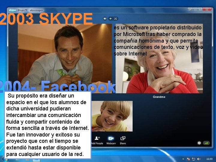 2003 SKYPE es un software propietario distribuido por Microsoft tras haber comprado la compañía