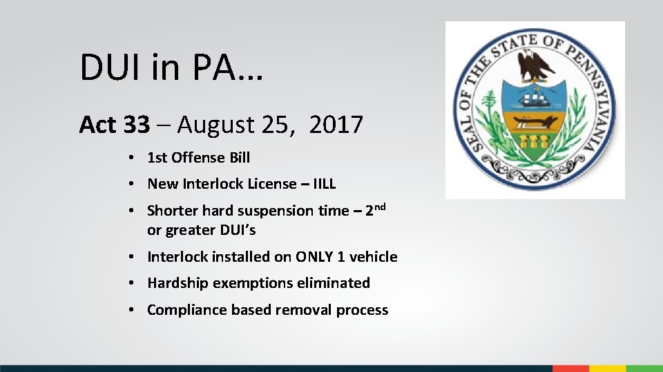 DUI in PA… Act 33 – August 25, 2017 • 1 st Offense Bill
