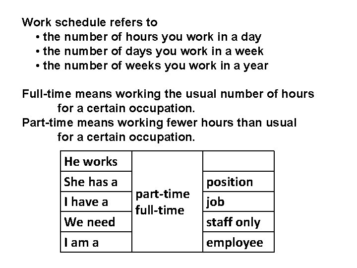 Work schedule refers to • the number of hours you work in a day
