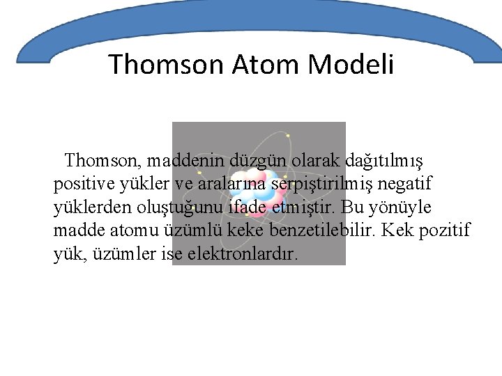 Thomson Atom Modeli Thomson, maddenin düzgün olarak dağıtılmış positive yükler ve aralarına serpiştirilmiş negatif