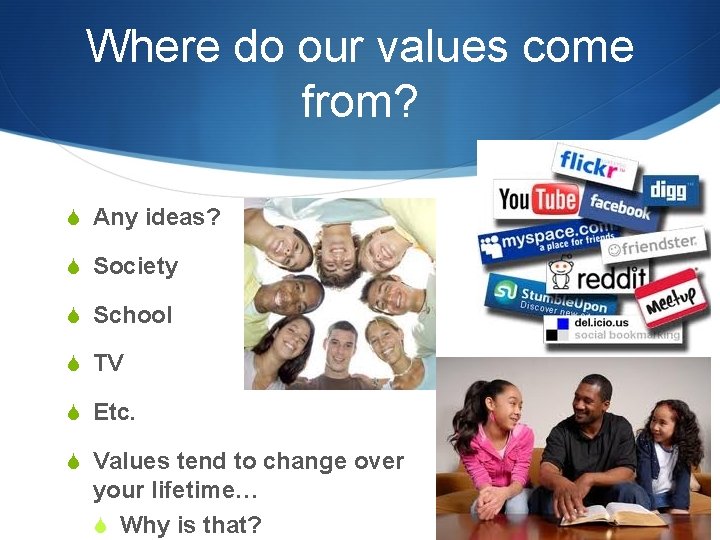 Where do our values come from? S Any ideas? S Society S School S