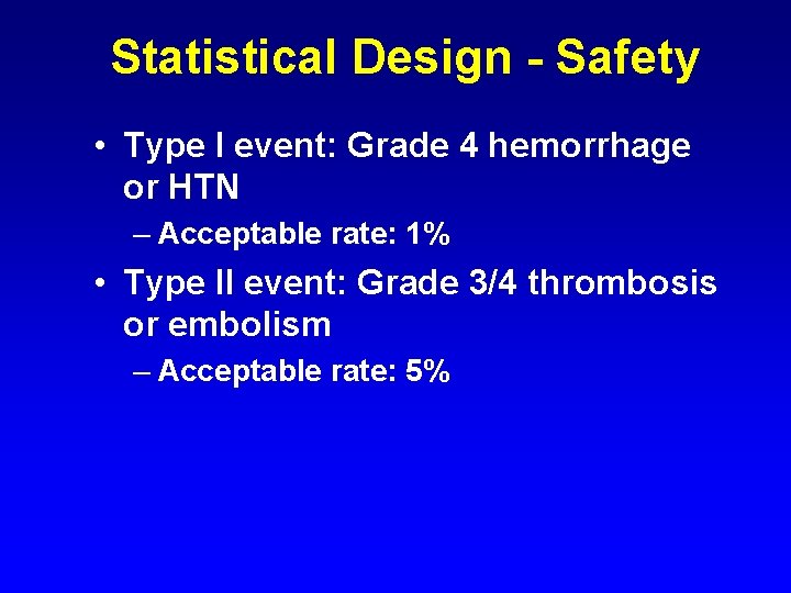 Statistical Design - Safety • Type I event: Grade 4 hemorrhage or HTN –