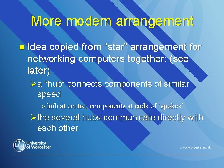 More modern arrangement n Idea copied from “star” arrangement for networking computers together: (see
