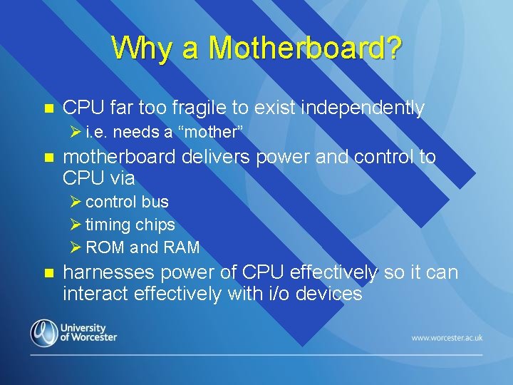 Why a Motherboard? n CPU far too fragile to exist independently Ø i. e.