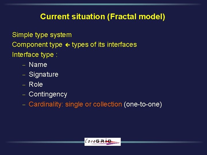 Current situation (Fractal model) Simple type system Component types of its interfaces Interface type