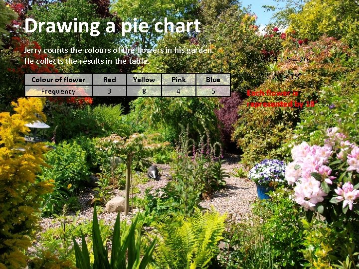Drawing aa piechart Drawing Jerry counts the colours of of theflowersininhis hisgarden. He collects