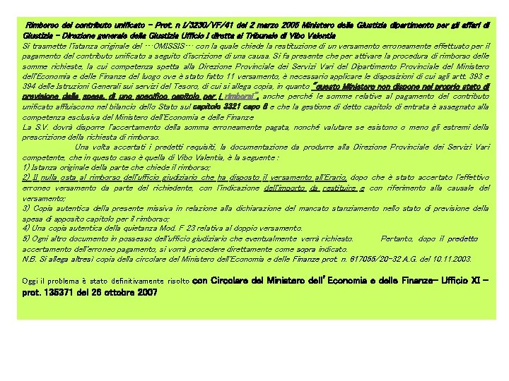 Rimborso del contributo unificato - Prot. n I/3230/VF/41 del 2 marzo 2005 Ministero della