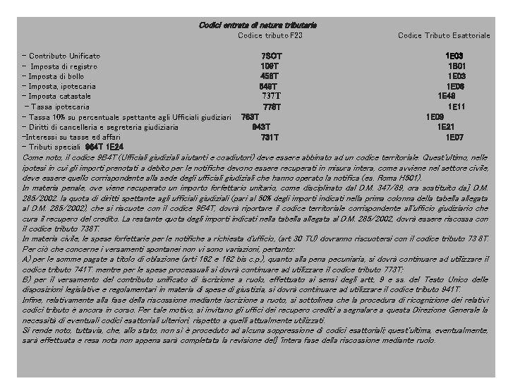 Codici entrata di natura tributaria - Contributo Unificato - Imposta di registro - Imposta