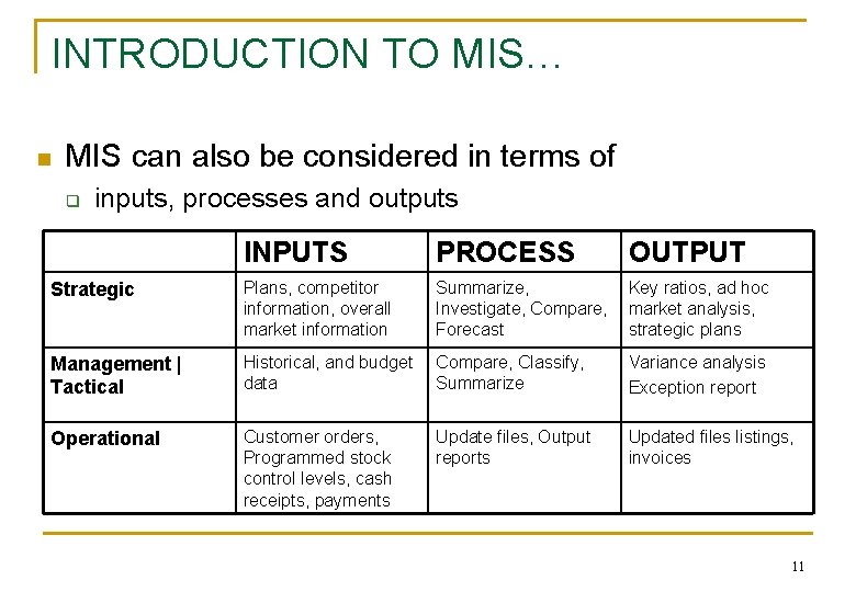 INTRODUCTION TO MIS… n MIS can also be considered in terms of q inputs,