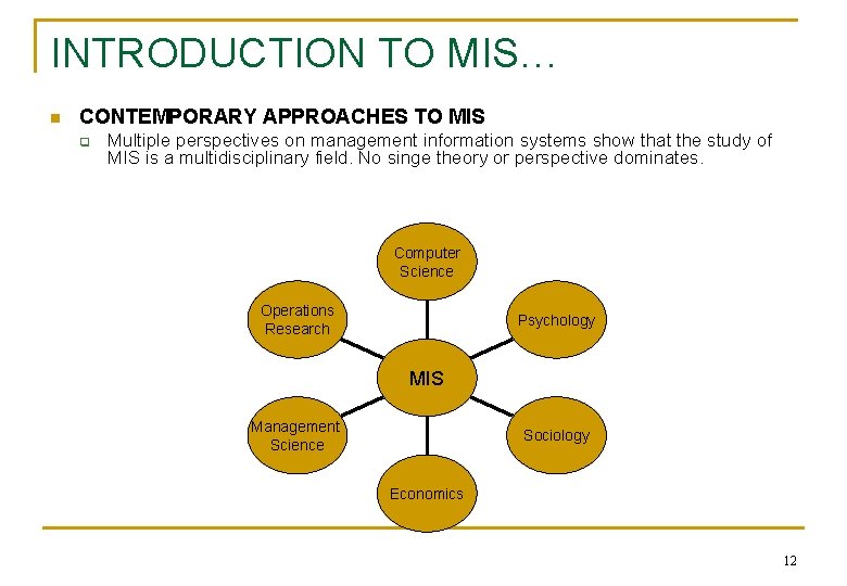 INTRODUCTION TO MIS… n CONTEMPORARY APPROACHES TO MIS q Multiple perspectives on management information