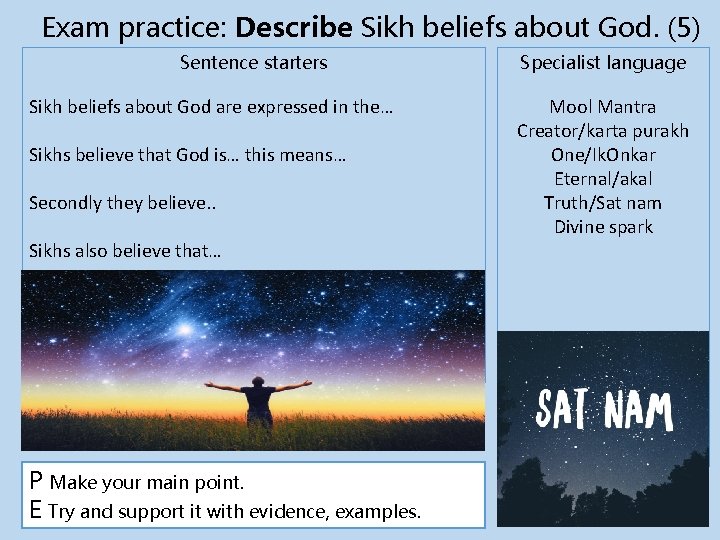 Exam practice: Describe Sikh beliefs about God. (5) Sentence starters Sikh beliefs about God