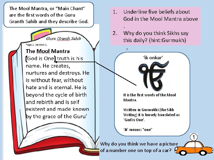 The Mool Mantra, or “Main Chant” are the first words of the Guru Granth