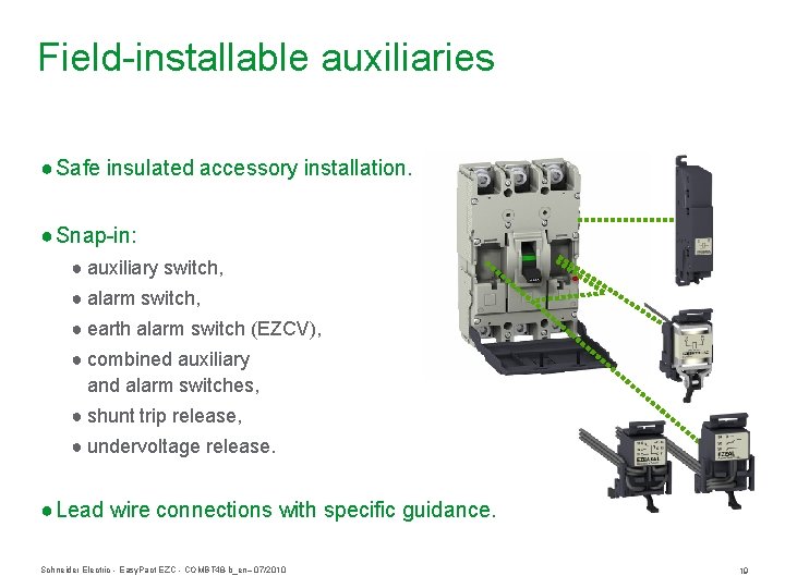 Field-installable auxiliaries ● Safe insulated accessory installation. ● Snap-in: ● auxiliary switch, ● alarm