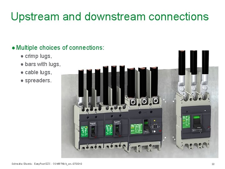 Upstream and downstream connections ● Multiple choices of connections: ● crimp lugs, ● bars