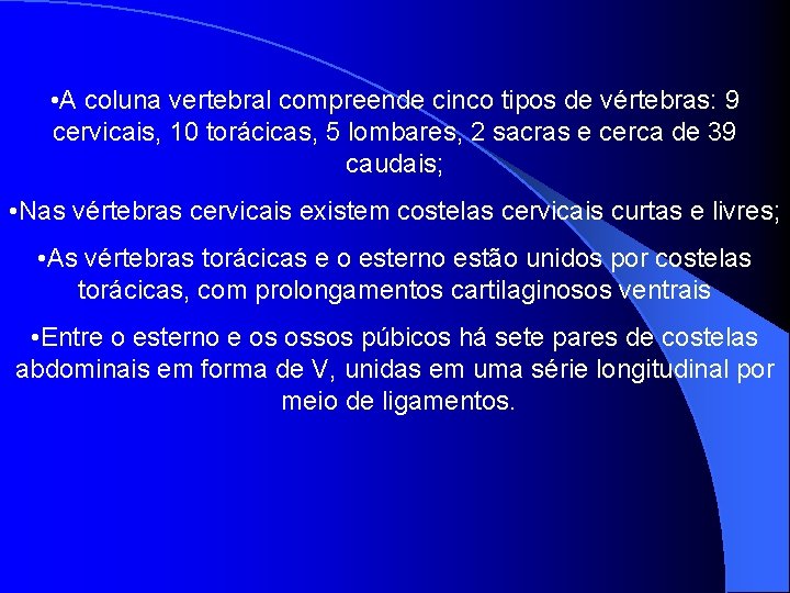  • A coluna vertebral compreende cinco tipos de vértebras: 9 cervicais, 10 torácicas,