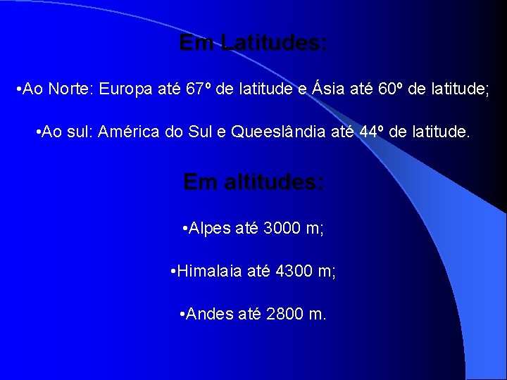 Em Latitudes: • Ao Norte: Europa até 67º de latitude e Ásia até 60º