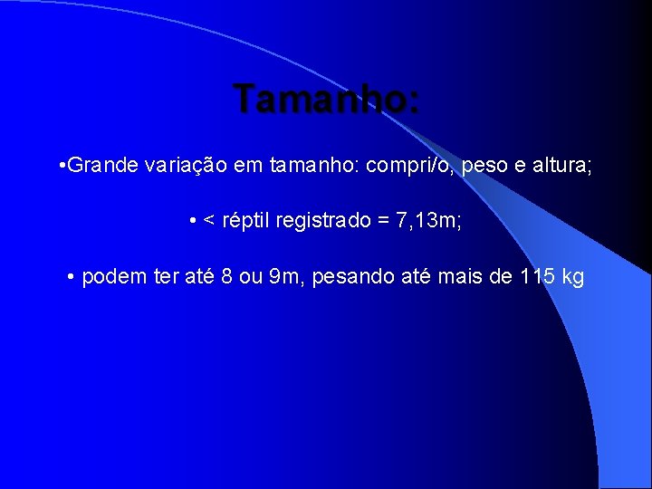 Tamanho: • Grande variação em tamanho: compri/o, peso e altura; • < réptil registrado