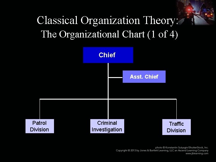 Classical Organization Theory: The Organizational Chart (1 of 4) Chief Asst. Chief Patrol Division