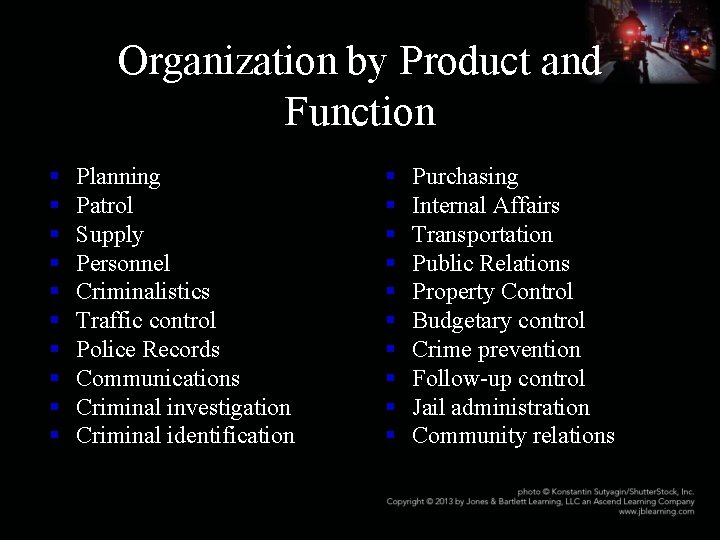 Organization by Product and Function § § § § § Planning Patrol Supply Personnel